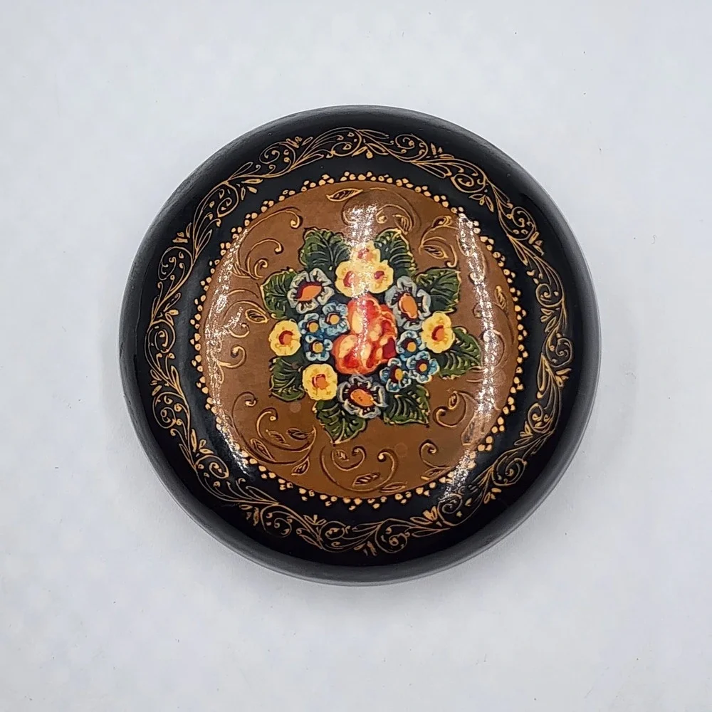 Vintage Russian Lacquer Floral Trinket Box Hand Painted Round 3